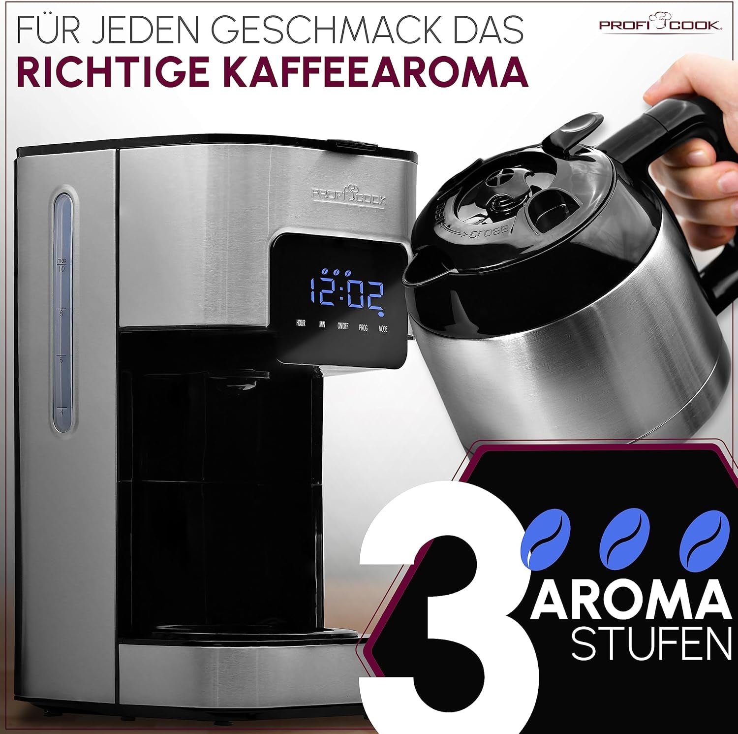 Kaffemaskine Profi Cook | 8-10 kopper | Timer | Sensor Touch-kontrol | 1,2 liter dobbeltvæg termokande | Smagsforsegling | Kaffemaskine med filter i rustfrit stål | PC-KA 1191