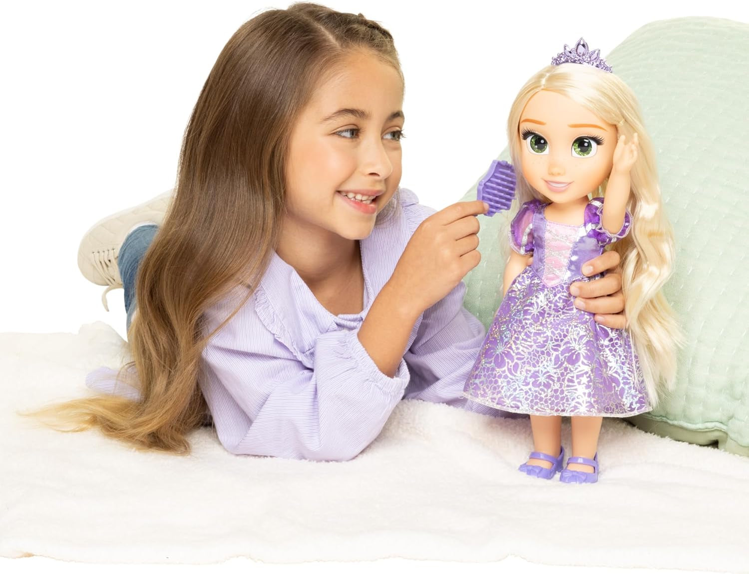 Disney Princess Rapunzel 35 cm dukke, reflekterende glitterøjne, bevægelige led, aftagelig kjole, sko, krone, langt blondt hår, til piger på 3+