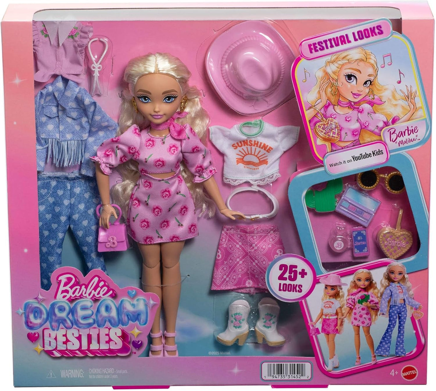 Barbie Dream Besties Festival Looks Set, med Barbie Malibu dukke med langt blondt hår til styling og over 10 aftageligt tøj og tilbehør, JGH87