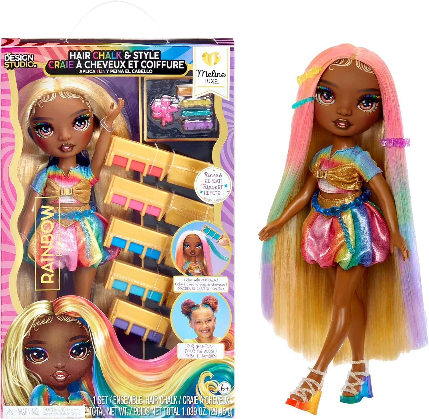 Rainbow High Hair Chalk & Styling Doll - Meline - 28 cm regnbue- og guldvaskbar hårkridtdukke, farvning, styling, leg, skyl og gentag, til børn i alderen 4-12 år