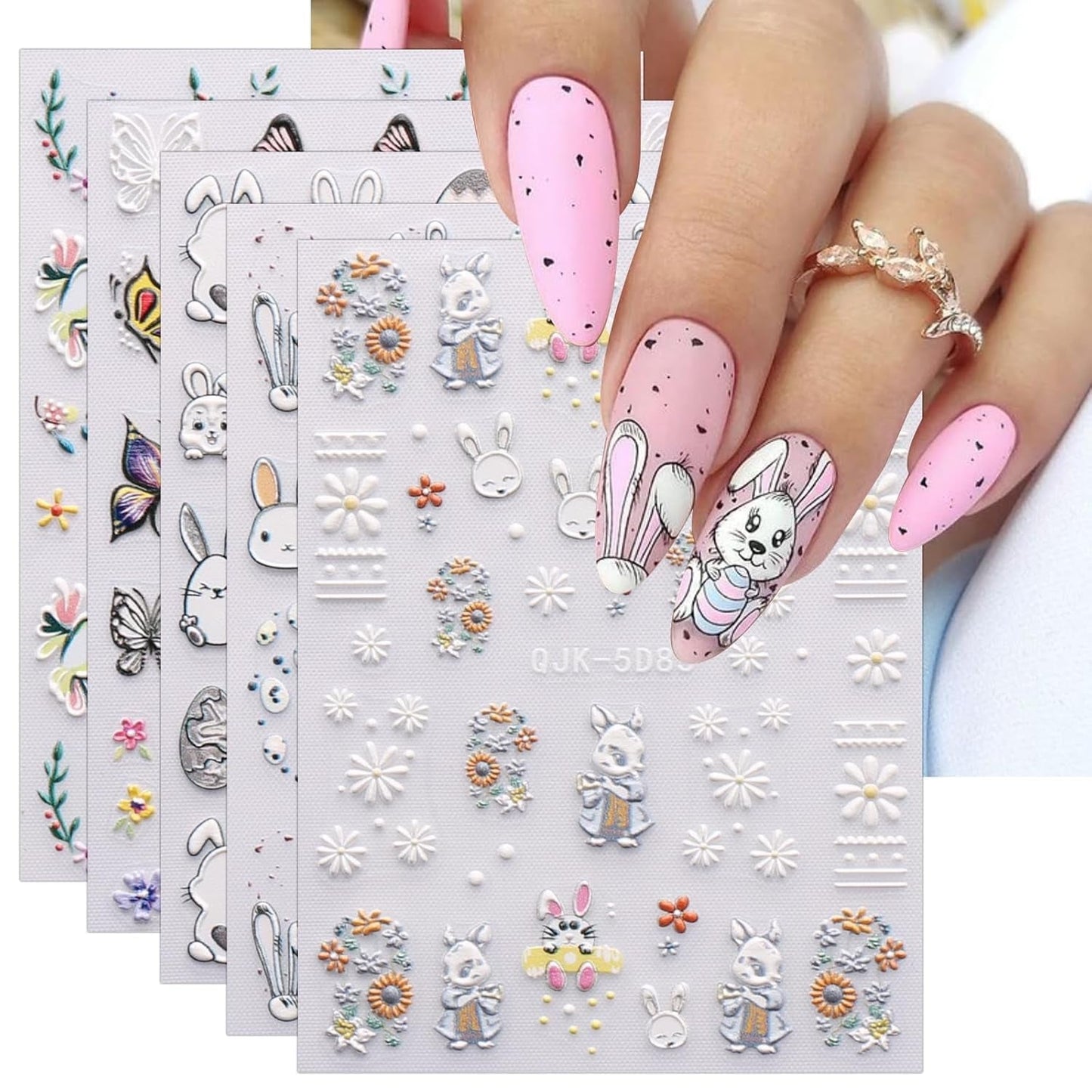 JMEOWIO 6 Blatt 3D Nagelsticker Ostern Nail Art Sticker Selbstklebend Nagelaufkleber 5D Stereoskopisk Süßer Hase Ei Dekoration Nageldesign Zubehör