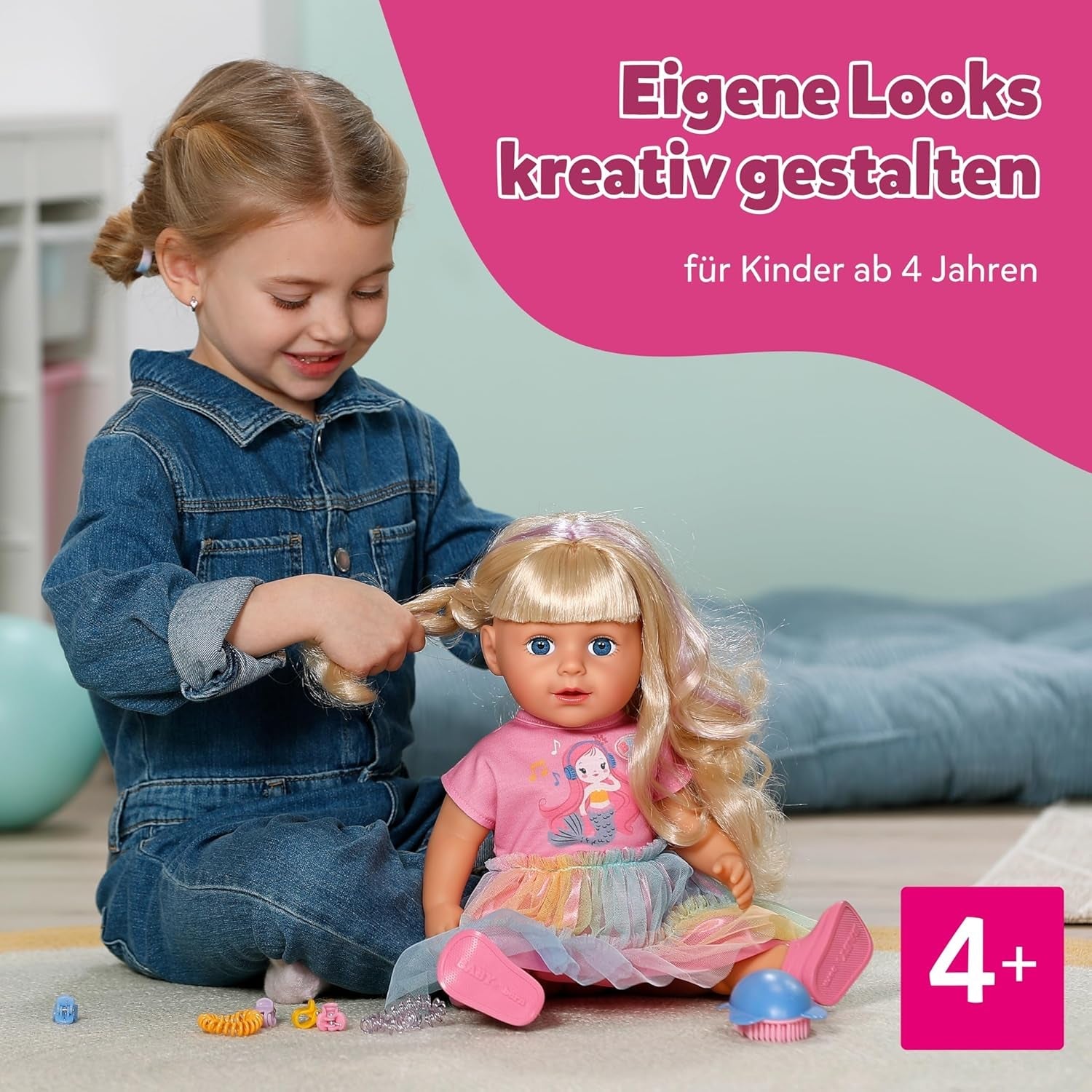 BABY born Carla - 43 cm dukke - blondt hår af høj kvalitet med tråde - ingen batterier påkrævet - egnet til børn fra 4 år og opefter - inkluderer 7 tilbehør, pink