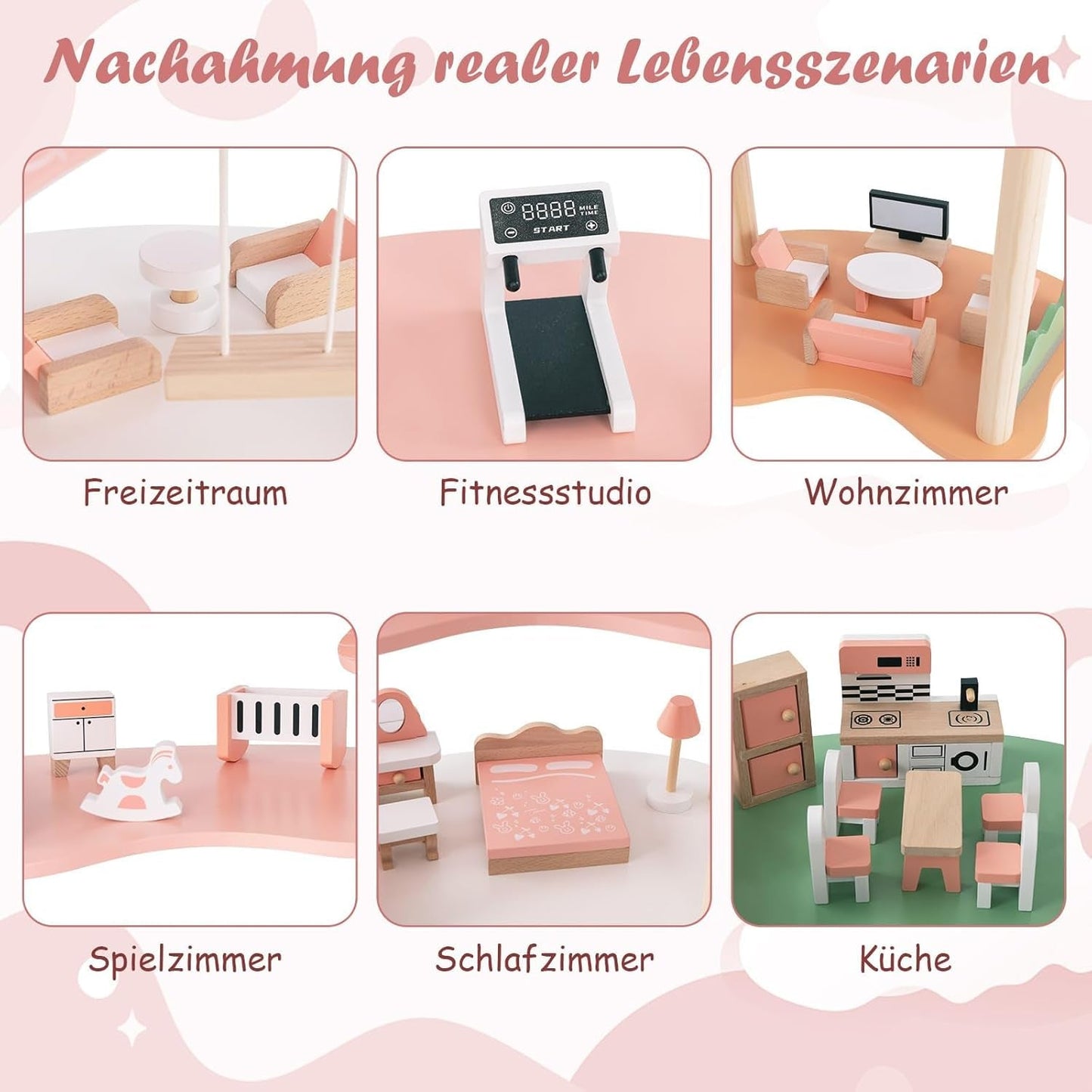 FANTASK trædukkehus, 85 cm højde 7 værelses dukkehus med 32 møbler og tilbehør, dukkehus med rebstige, dukkehusgave til 3-årige piger (model 3) Naty Shop dukkehuse