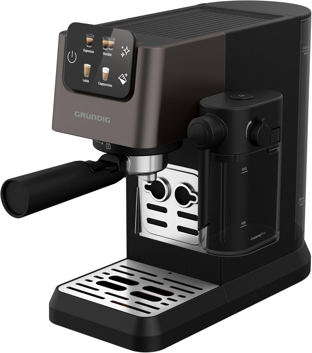 Portafilter espressomaskine GRUNDIG KSM 5330 med integreret mælkebeholder, effekt 1628 W, pumpetryk 15 bar, dobbelt mundstykke, farvetouchdisplay, BrewSense, CreamyPro, Mørk rustfrit stål/Sort