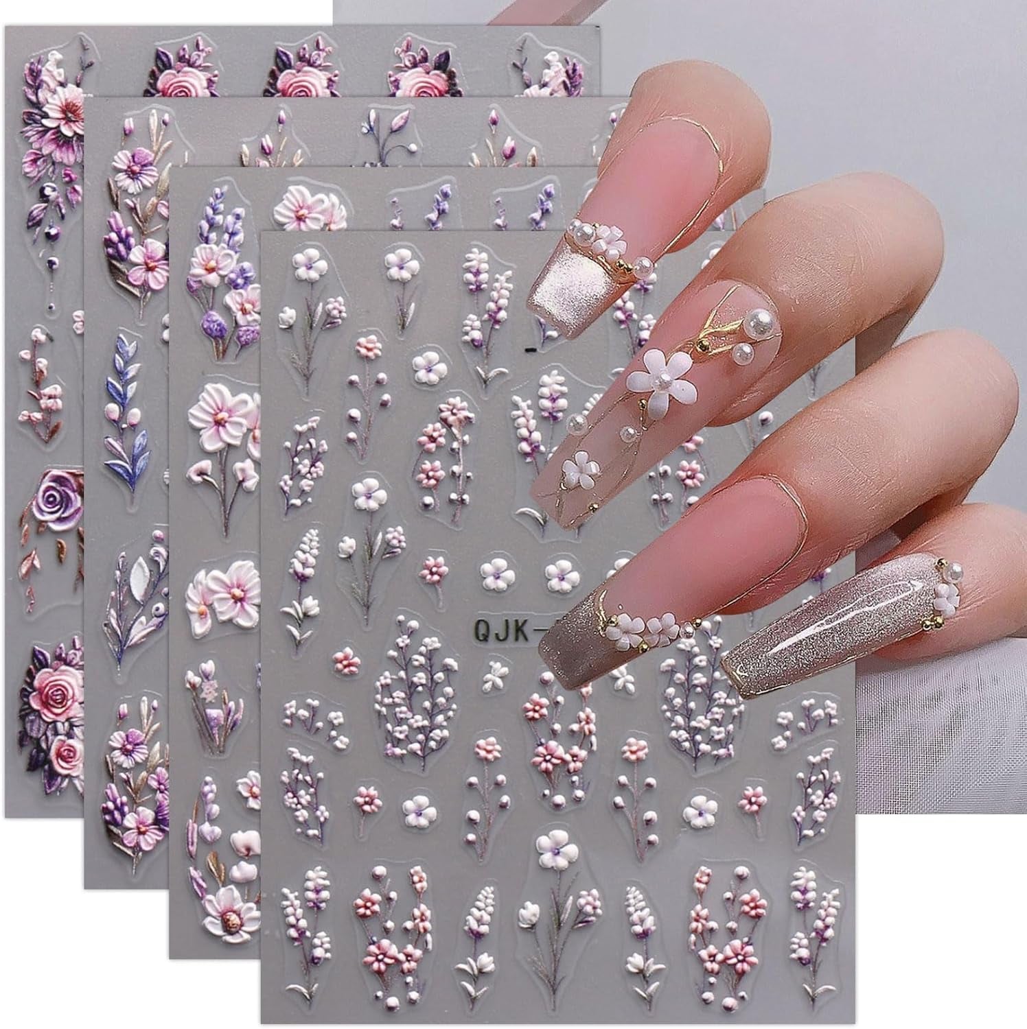 JMEOWIO 3D Nagelsticker Blumen Nail Art Sticker Selbstklebend Nagelaufkleber 5D Stereoskopisk Frühling Sommer Dekoration Nageldesign Zubehör 4 Blatt