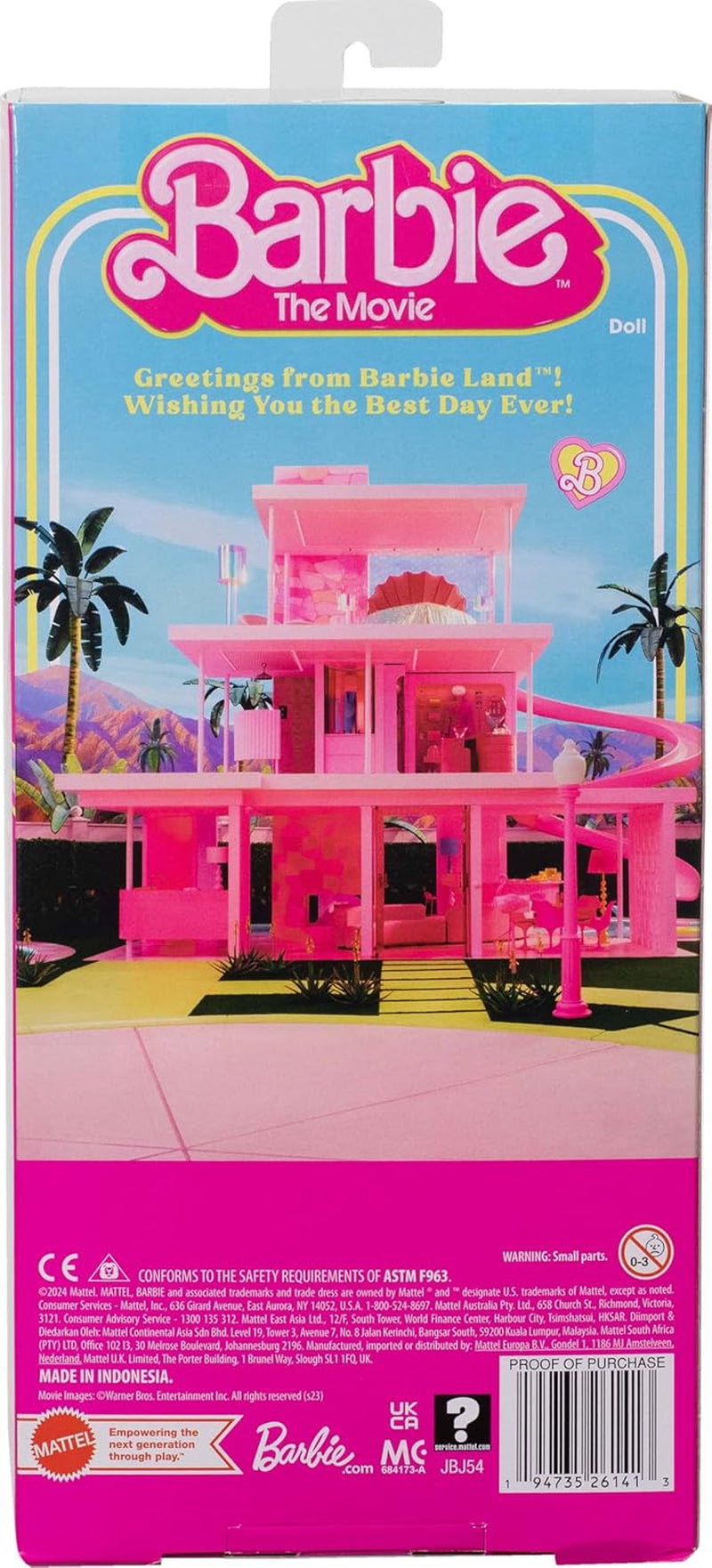 Barbie-film Ken Barbie-dukke i pastelfarvet pink og grøn stribet strandtøj, surfbræt og hvide sneakers, JBJ54