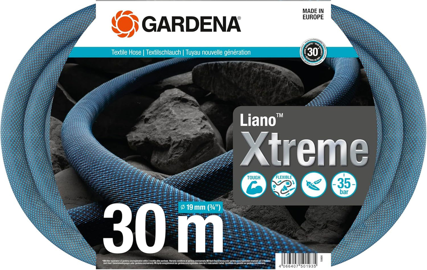 Gardena Liano Xtreme 3/4 tommer, sæt 30m: Ekstremt robust tekstilhaveslange med PVC inderslange, let, vejrbestandig (18484-20), Multicolor