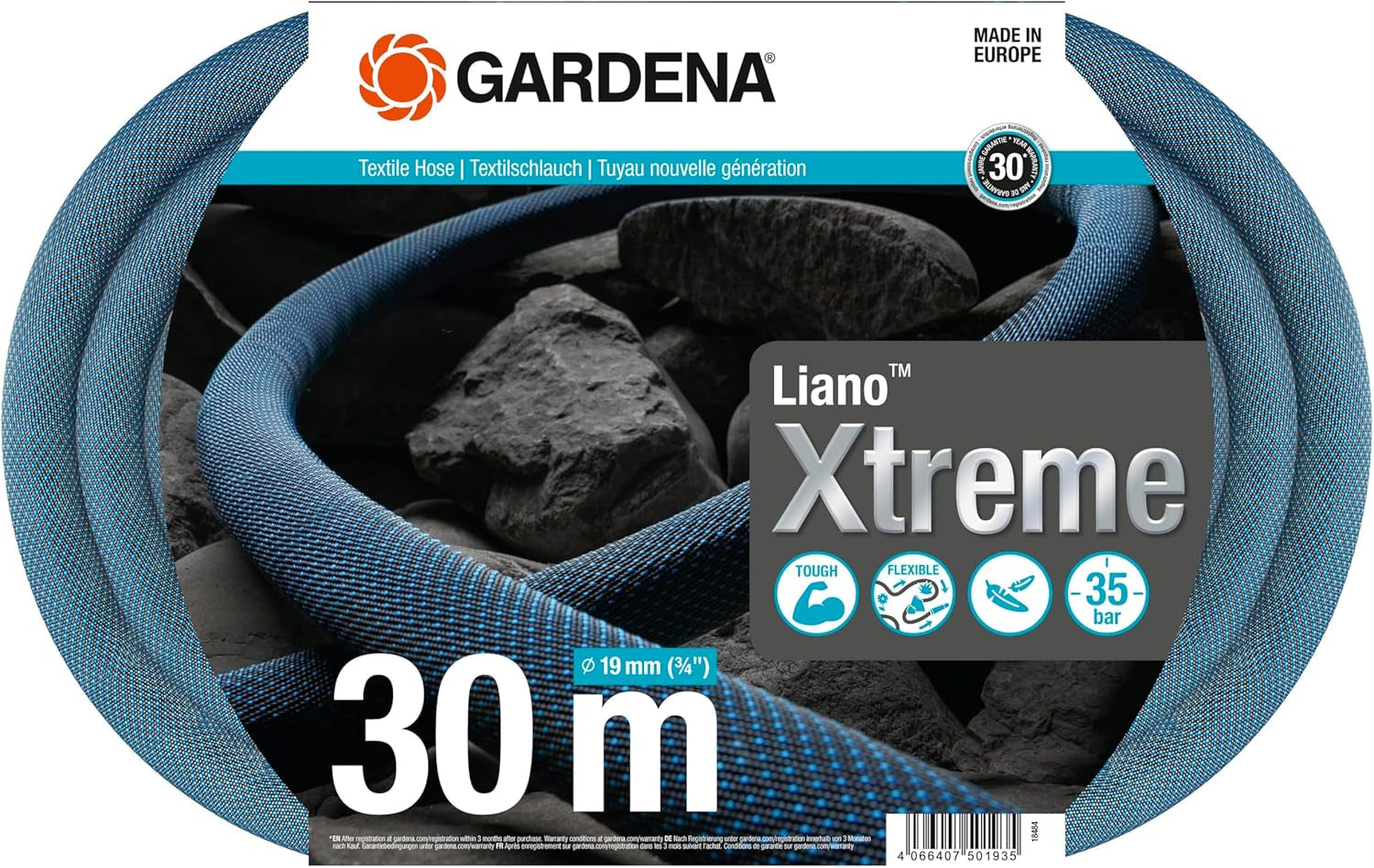 Gardena Liano Xtreme 3/4 tommer, sæt 30m: Ekstremt robust tekstilhaveslange med PVC inderslange, let, vejrbestandig (18484-20), Multicolor