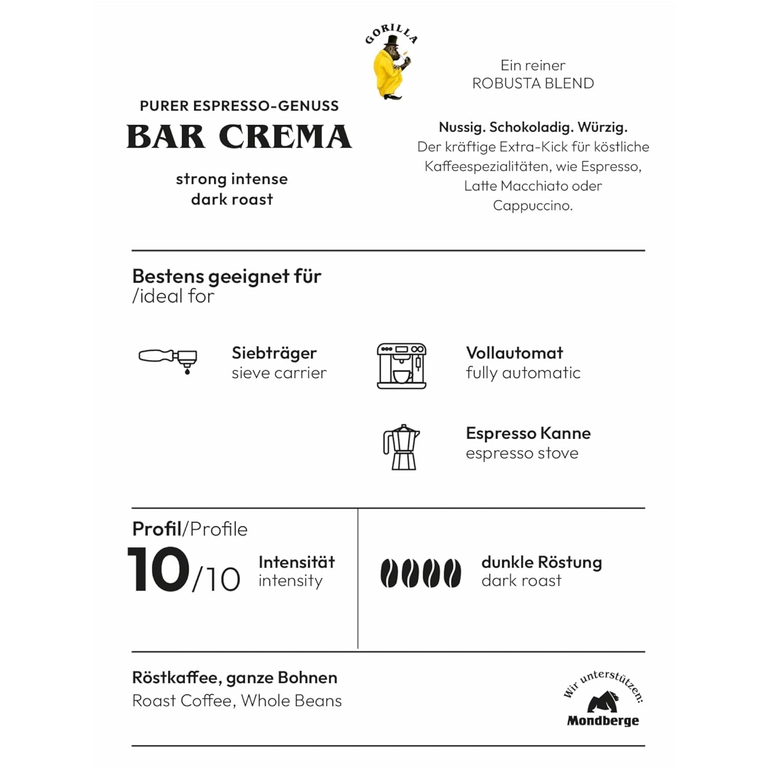 Gorilla Espresso Bar Crema kaffebønner - 12 pakker á 1000g hver