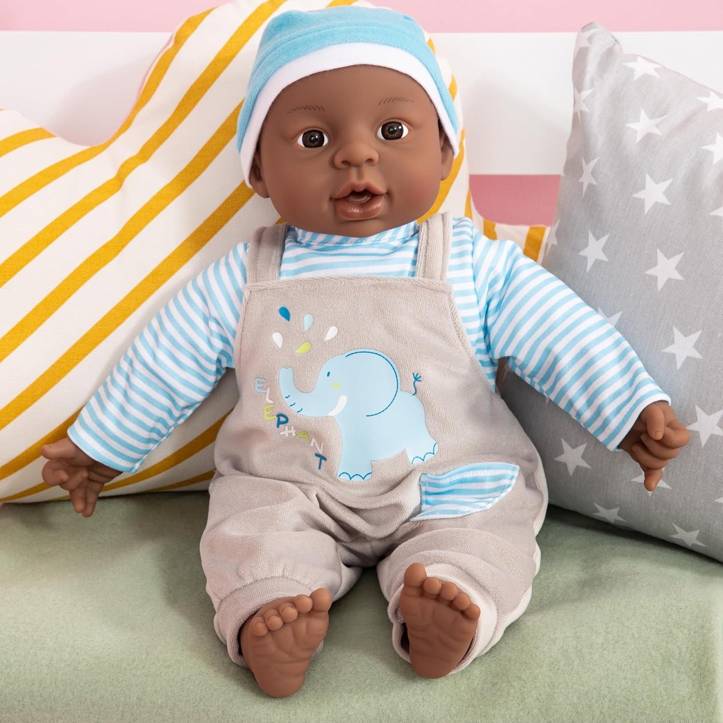 Bayer Design 94001AH interaktiv babydukke, dreng, taler, blød krop, 40 cm, mørkt læder, blå