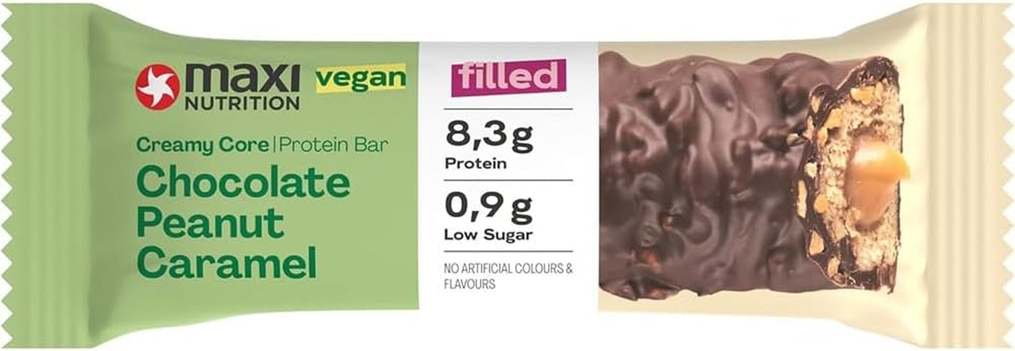MaxiNutrition Cremet vegansk proteinbar med chokolade, peanuts og karamel 12x45g - vegansk proteinbar, 18% protein, 8,3g pr. bar, lavt sukkerindhold (0,9g), uden tilsat sukker, ingen kunstige smagsstoffer