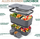Umami madpakke til voksne, stabelbar Bento-boks med 4 bestik og rum, madpakke til voksne, to-go salatbeholder, Picnic/kontor madpakke, koksgrå, 1500 ml madopbevaringsbokse Naty Shop