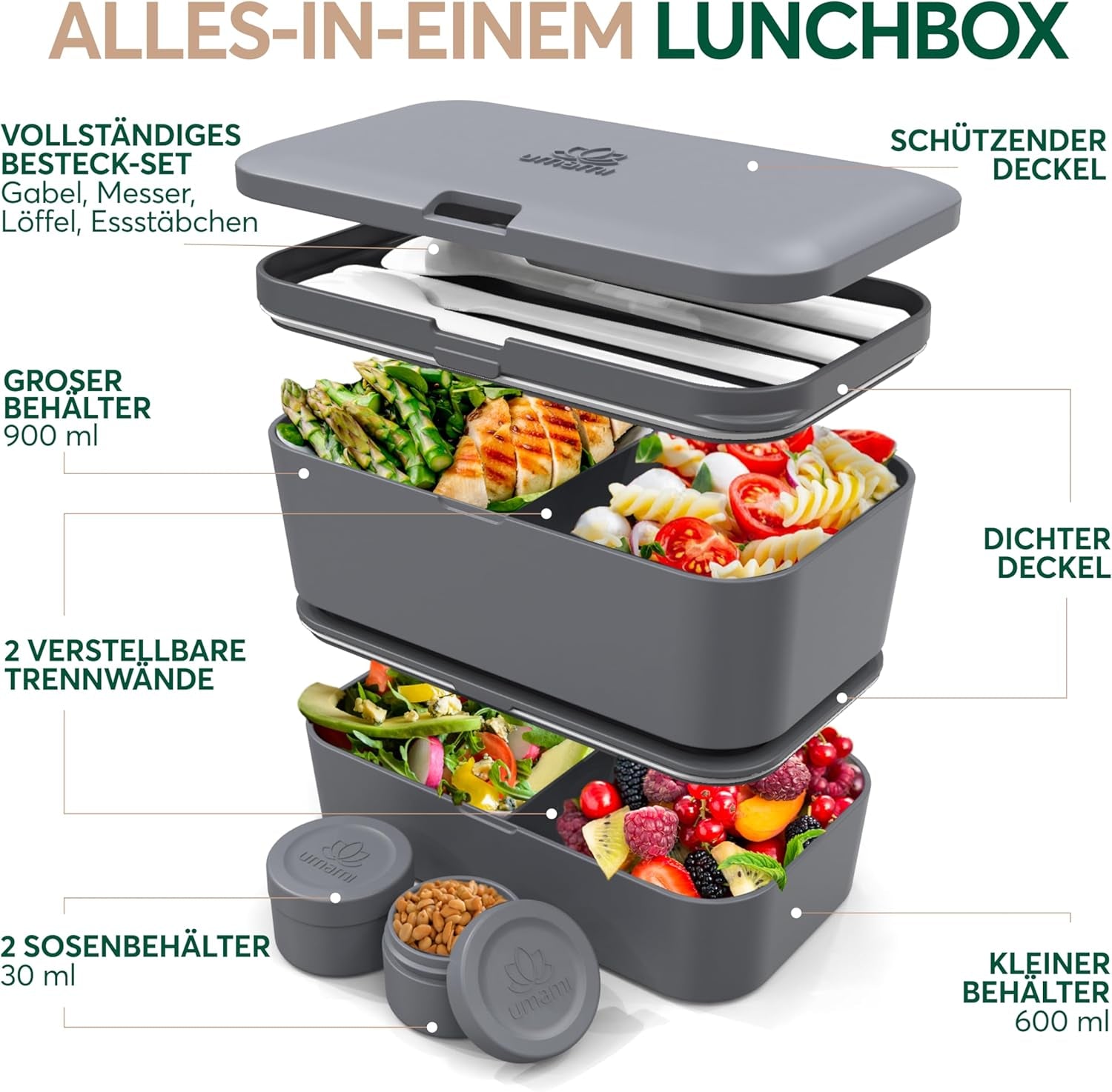 Umami madpakke til voksne, stabelbar Bento-boks med 4 bestik og rum, madpakke til voksne, to-go salatbeholder, Picnic/kontor madpakke, koksgrå, 1500 ml madopbevaringsbokse Naty Shop