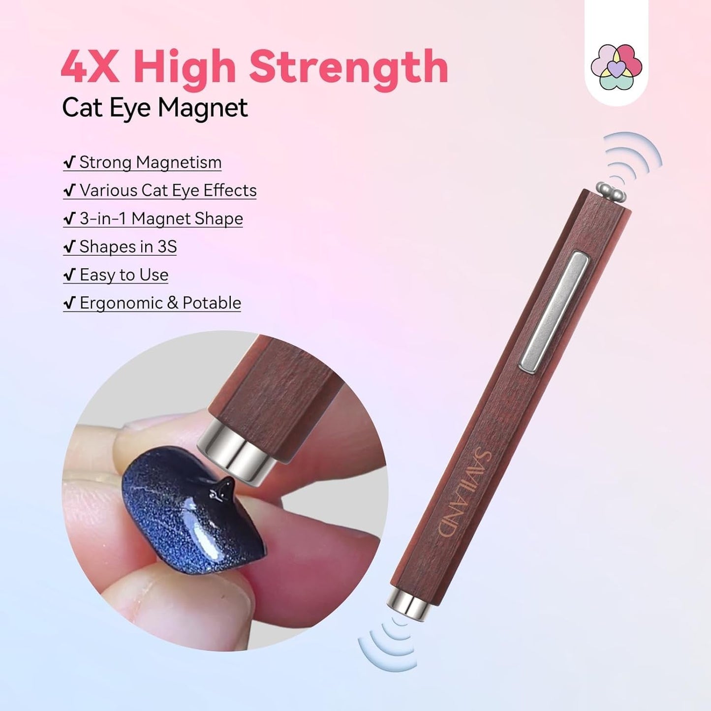 SAVILAND 4X Hochfester Cat Eye Magnet Für Nagel: 3-I-1 Nagel Magnet Rund Lange Streifenperle N35 Neodym Ultra Strong Magnet Für Nagellack Präzise 3S Formung Cat Eye Gel Nagellack Magnet Magnetstift