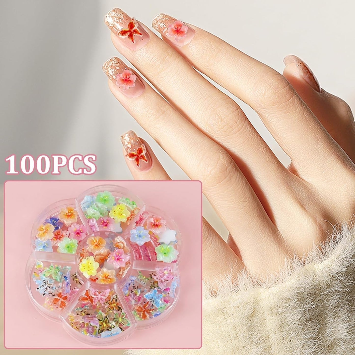 YICH Nail Charms Nägel Charms 50 Stk 3D Blomster + 50 Stk 3D Schmetterling, Sommer Nägel Deko Sæt Schmetterling/Flowers Nail Art Nailart