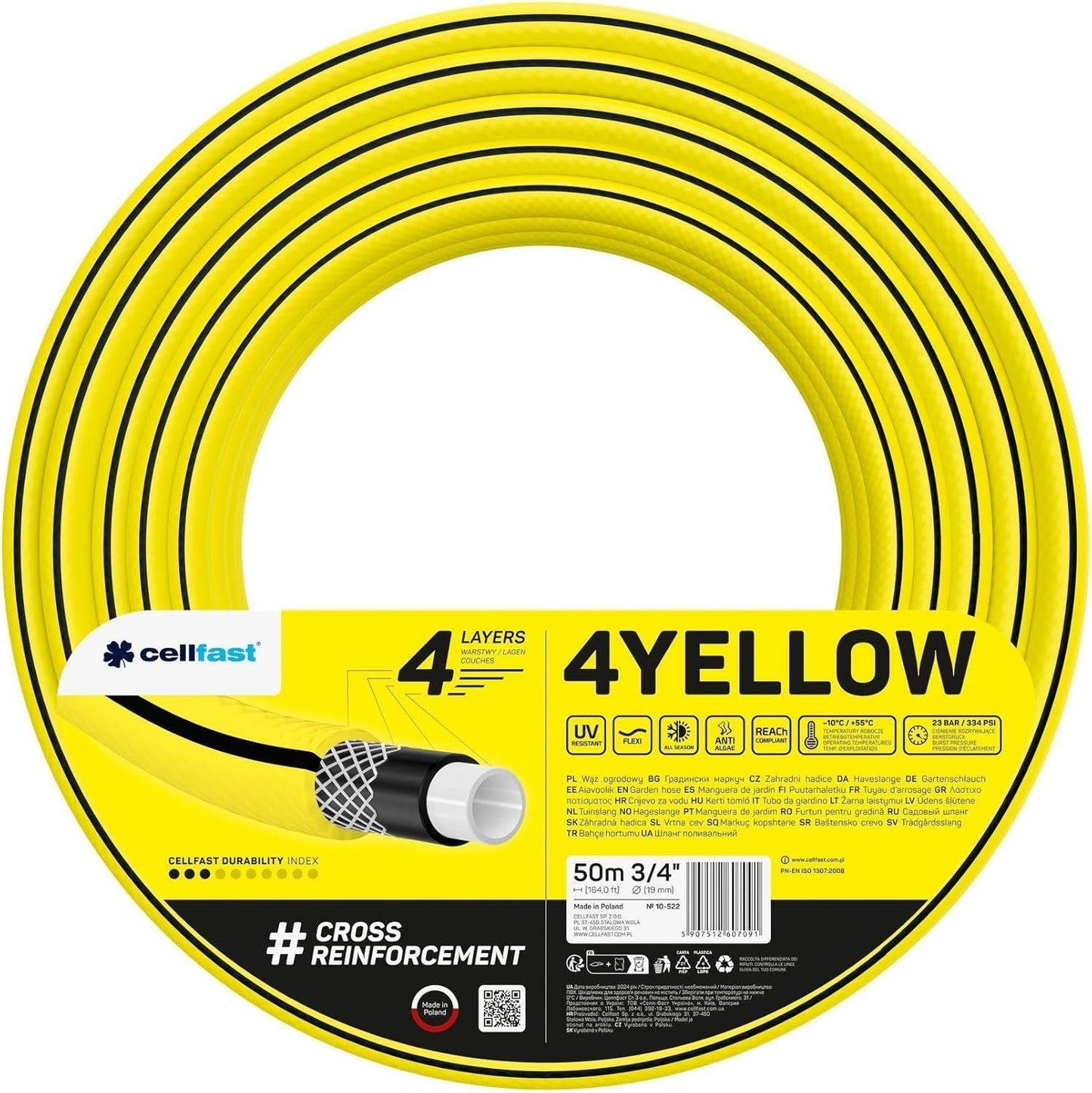 Haveslange Cellfast GUL, let, slidstærk, 4-lags, slidstærk krydsfletning, UV- og algebestandig, vridningsbestandig, REACH-teknologi, 20 bar, -10/+50°C, lukning: 3/4", 50m