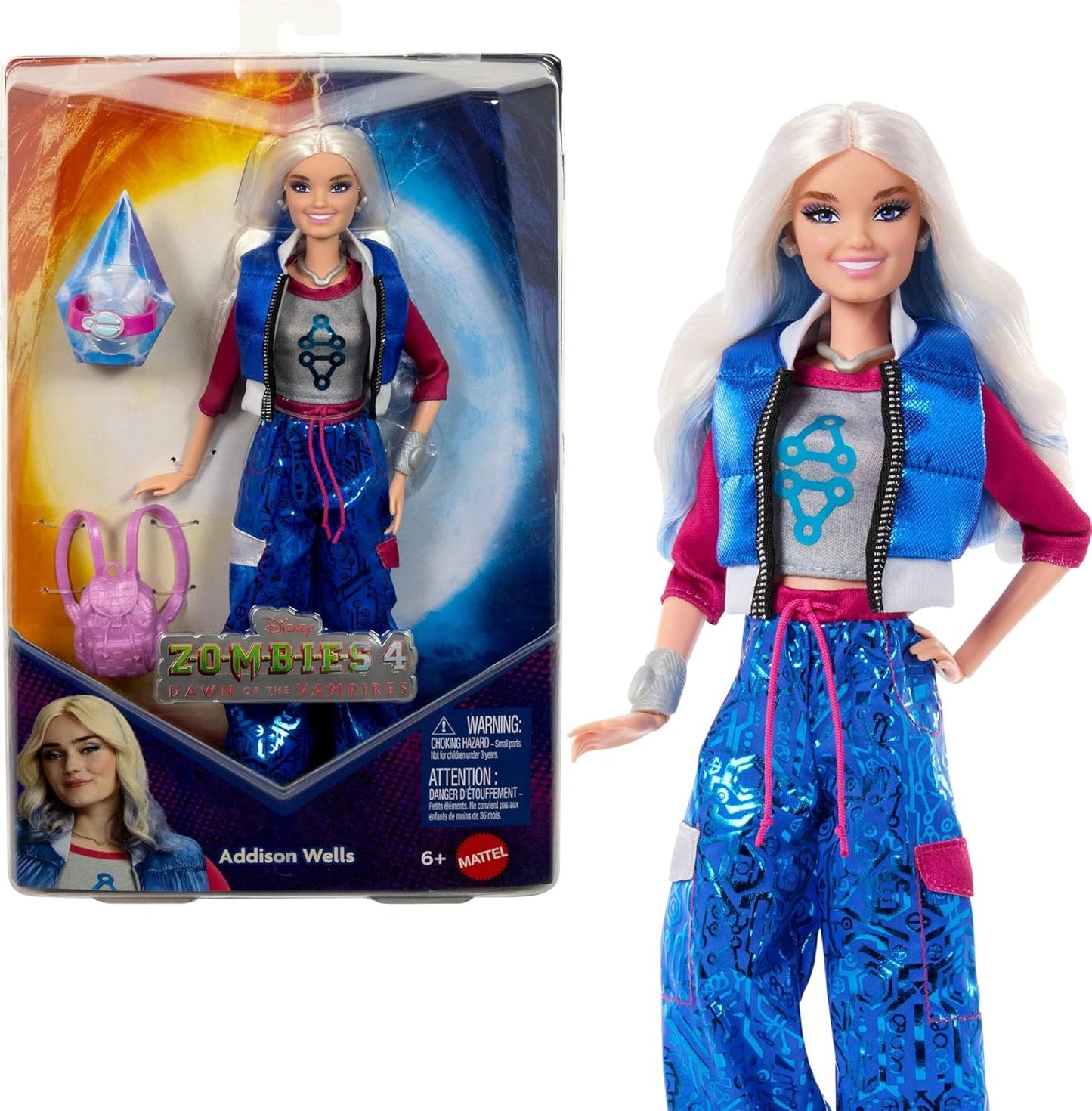 Mattel Disney Zombies 4: Dawn of the Vampires Addison Wells Fashion Doll med aftageligt outfit og 6 filminspireret tilbehør, JFG32