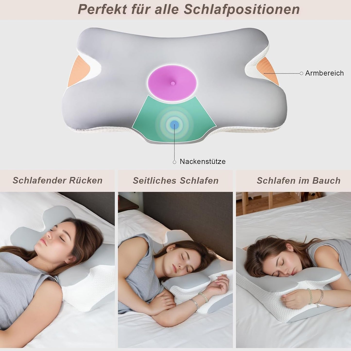 Nakkepude Ortopædisk Hovedpude Memory Foam Pude Side Impact Pude - Ergonomisk design Hul form til side, ryg og abdominal stød lysegrå cervikal ortopædiske puder Naty Shop