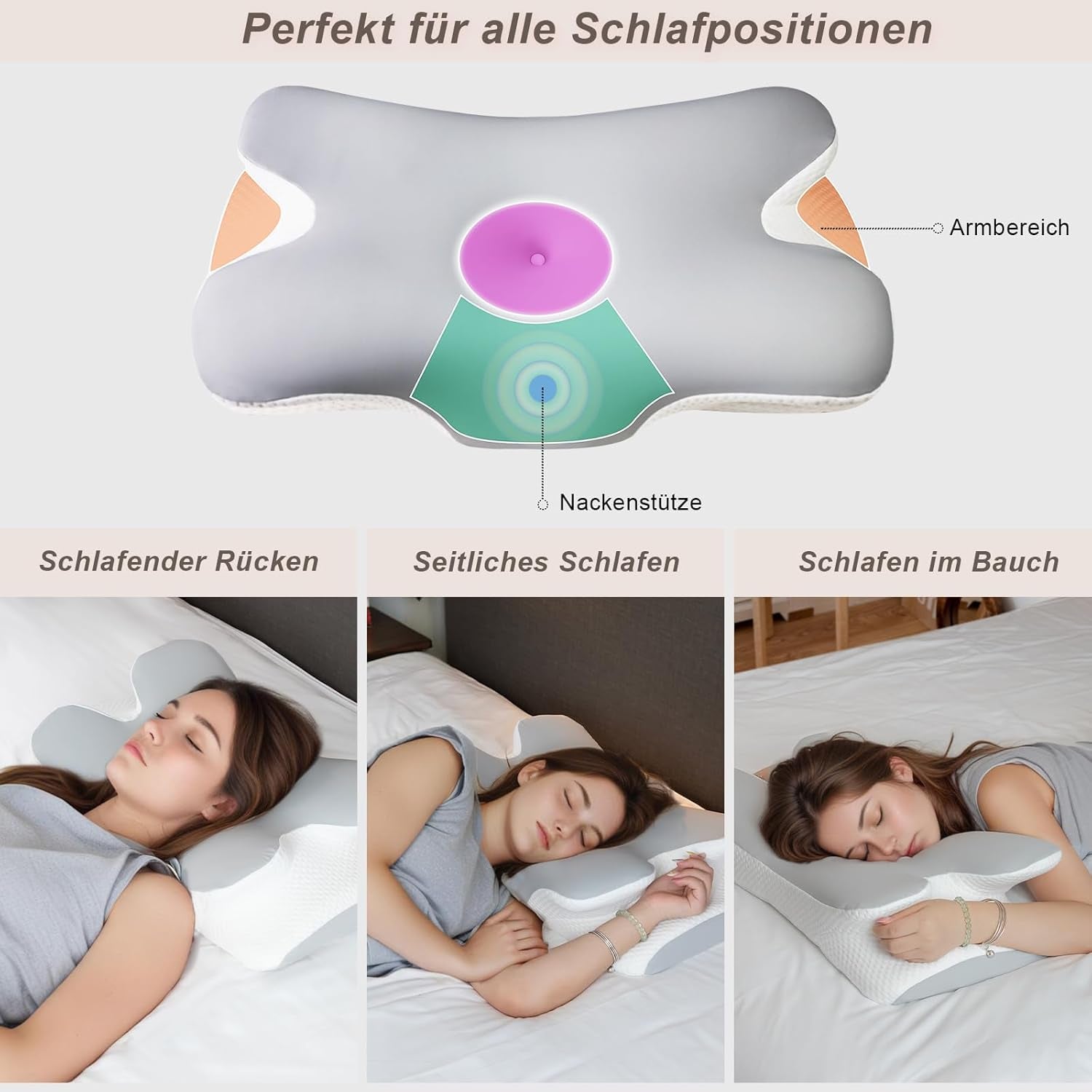 Nakkepude Ortopædisk Hovedpude Memory Foam Pude Side Impact Pude - Ergonomisk design Hul form til side, ryg og abdominal stød lysegrå cervikal ortopædiske puder Naty Shop