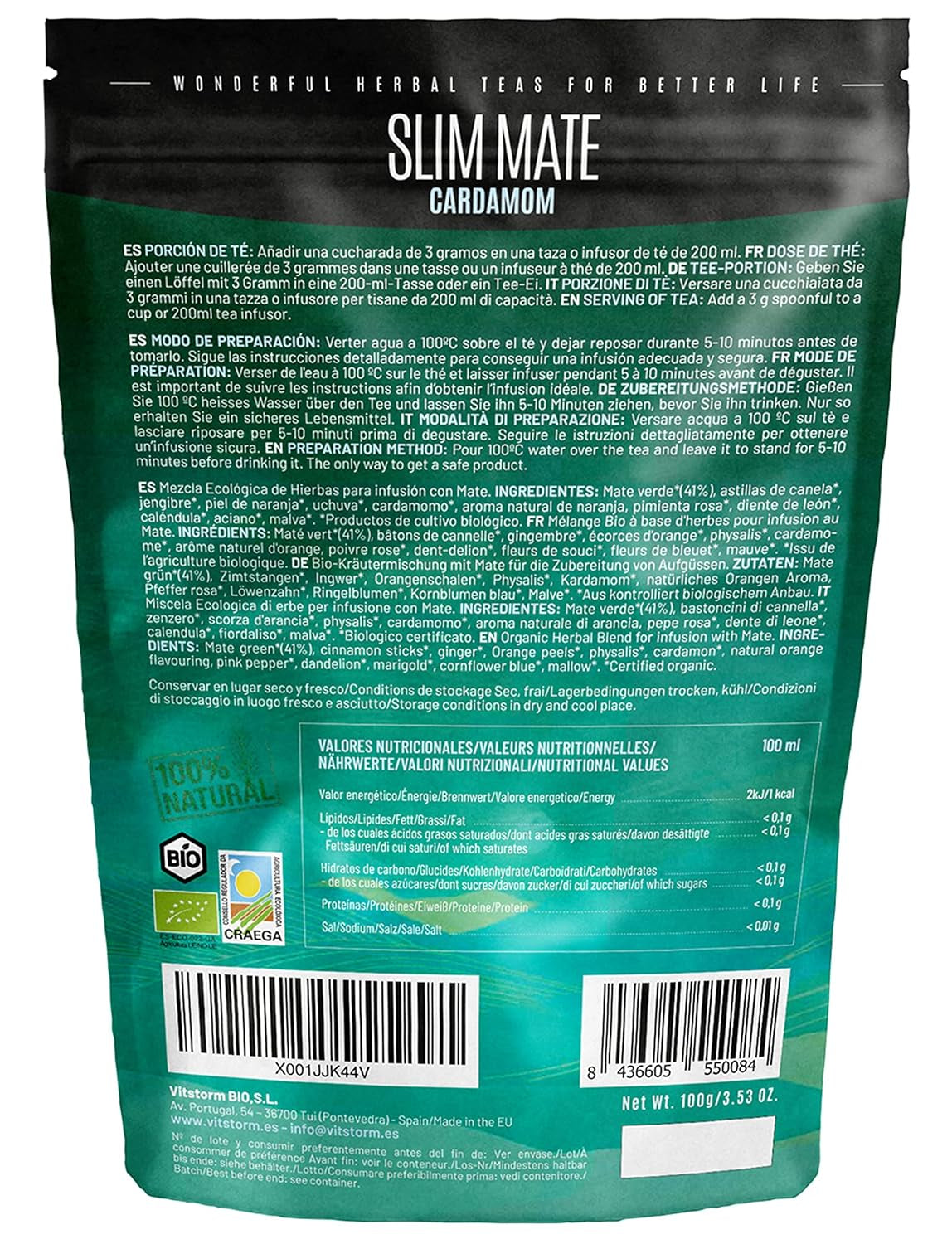 VITSTORM® Slim Tea Kardemomme – BIO Yerba Mate Tea – Detox og vanddrivende te – 100G