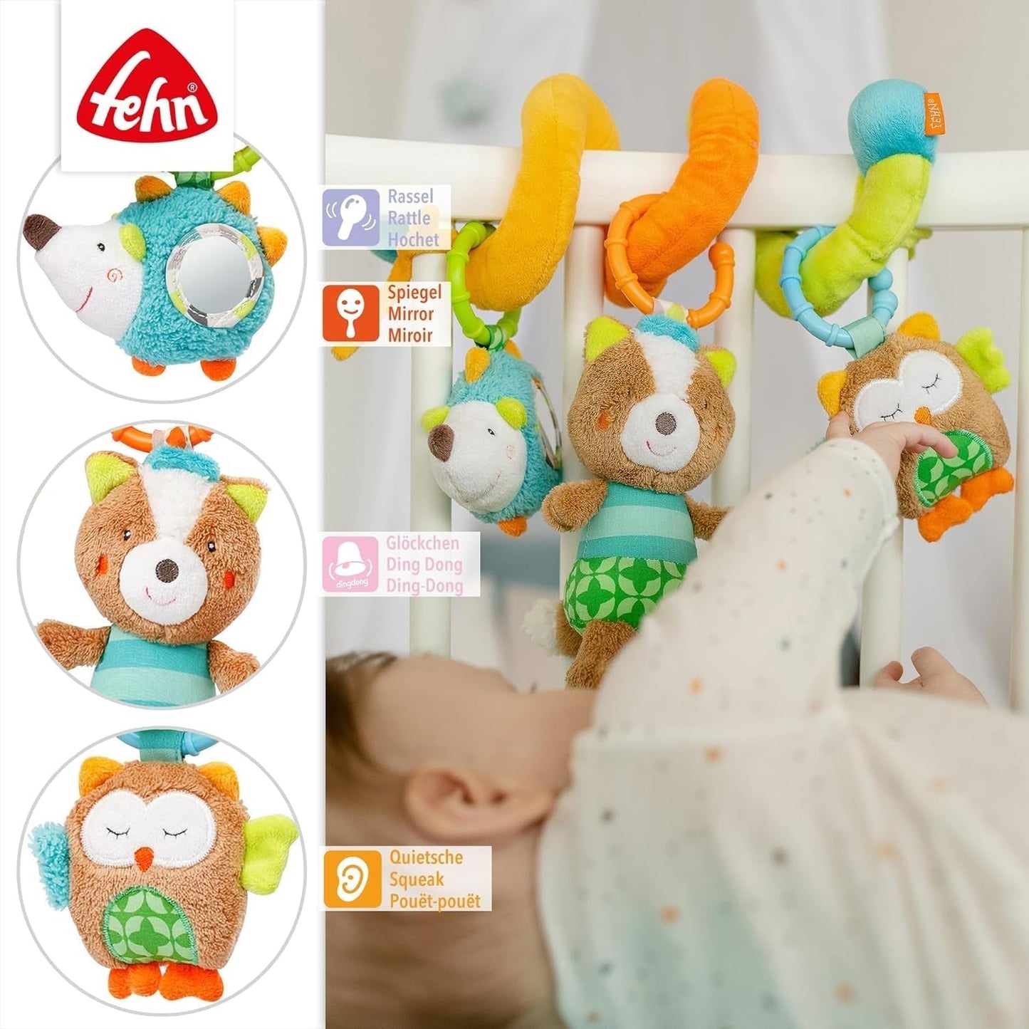 Fehn Activity Spiral Sleeping Forest - rør og hold klapvognslegetøj - babylegetøj til seng, kravlegård, barnevogn og autostol - motorisk aktivitetslegetøj til babyer og småbørn fra 0+ måneder Babylegetøj Naty Shop