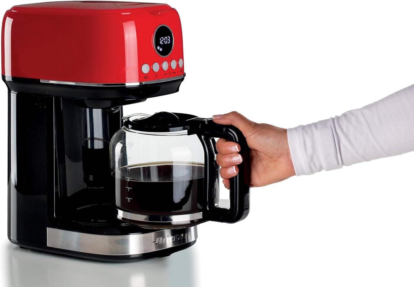 Ariete Moderna 1396 Filter Espressomaskine til fremstilling af amerikansk kaffe Op til 15 kopper Glaskaraffel Varmeplade LCD-skærm Aftagelige og vaskbare filtre Hvid