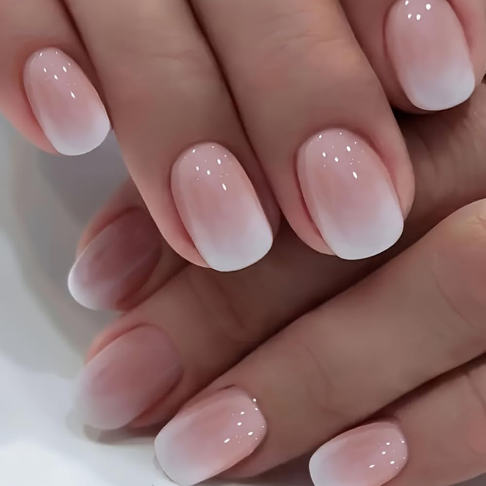 Selvklæbende kunstige neglesæt - franske falske negle - 24 stykker Kort firkantet design Hvid Pink Gradient Kunstige Negle Ballerina Manicure (Kort Pink Gradient)