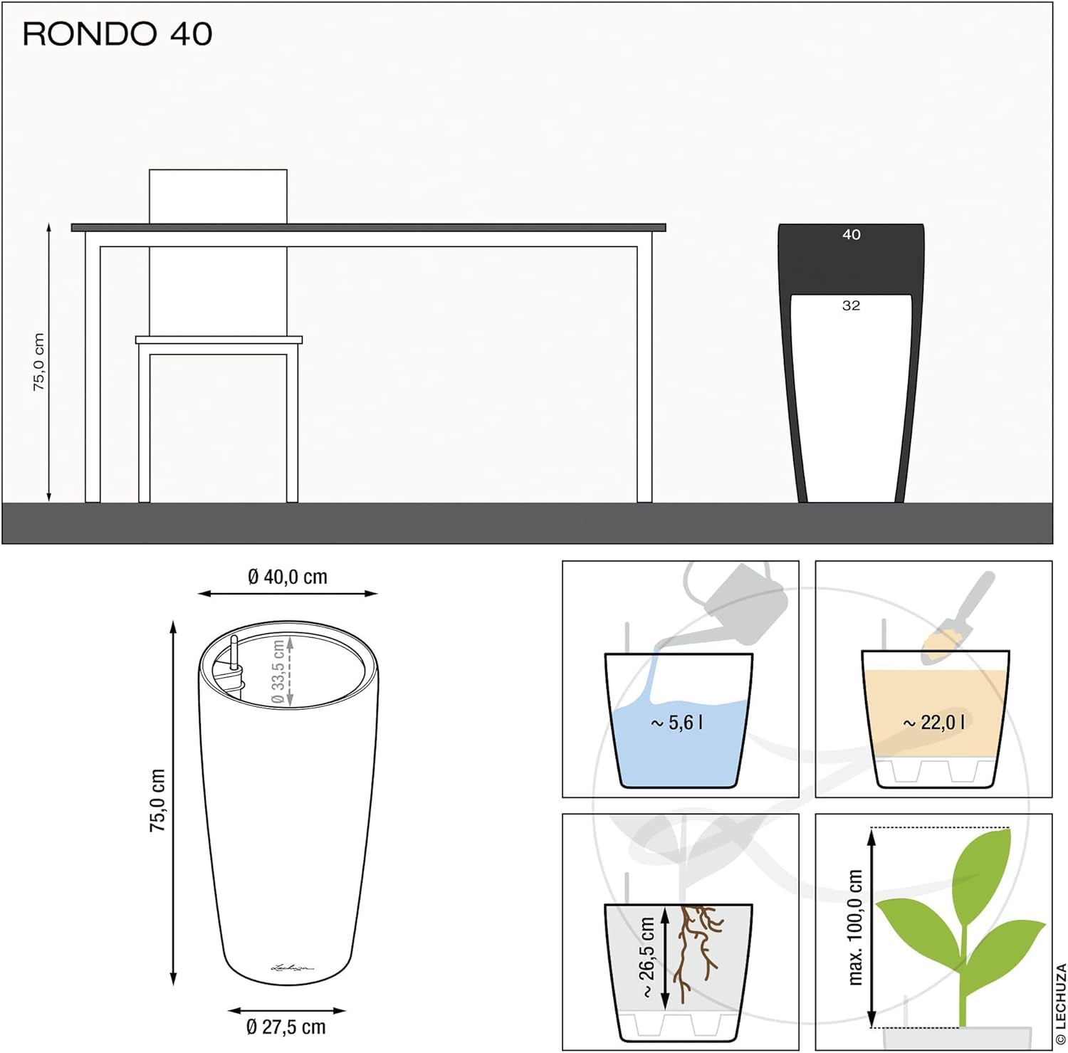 Plantekasse LECHUZA Rondo Premium 32 mat hvid | Plantesøjle med vandingssystem, vandstandsindikator og planteindsats | Mat finish | Ø 32,5 x 56,5 cm | 15786