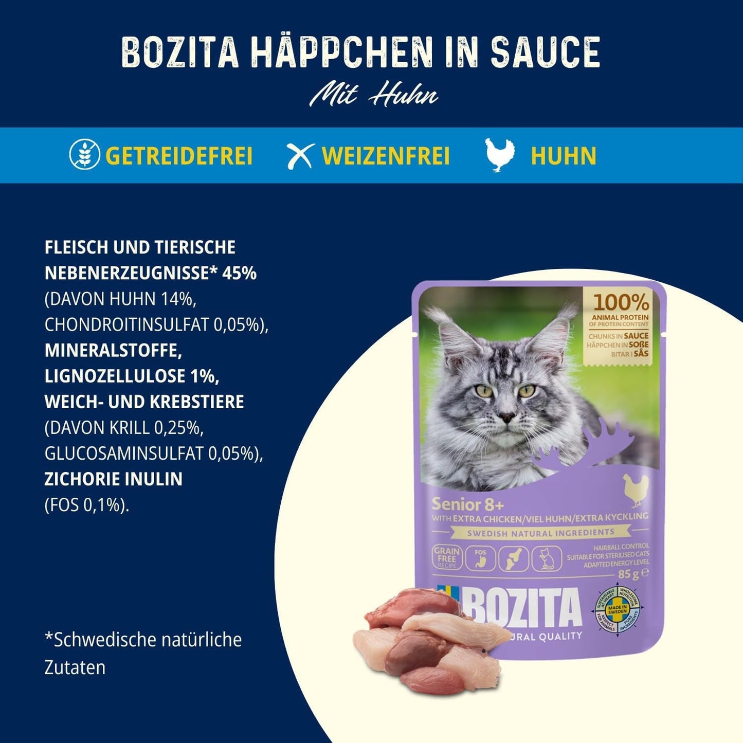 Bozita Senior 8+ Mound våd kattefoder med korn og masser af kylling - 12 poser x 85g, korn- og hvedefri våd kattefoder - Våd kattefoder med 8,5 % protein og 4,5 % fedt