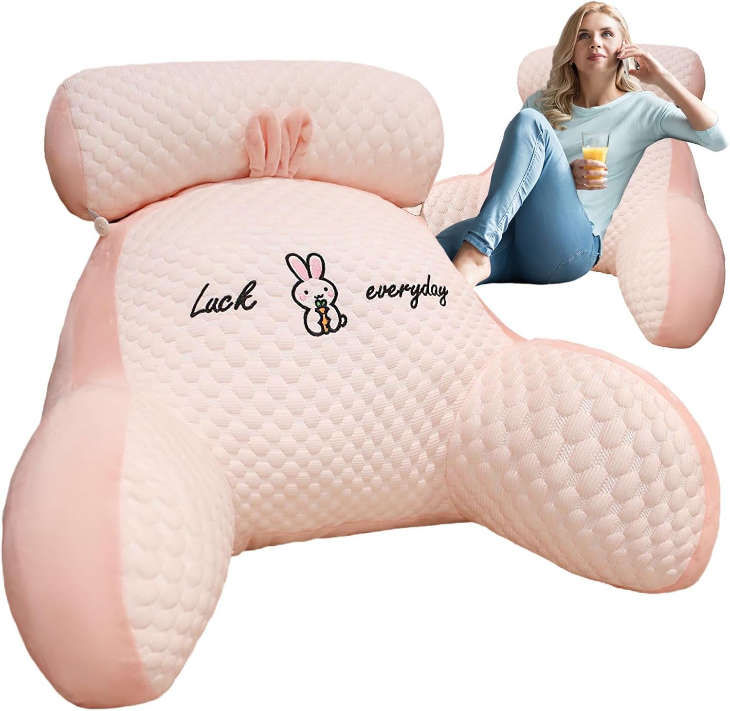 Læsepude, Sengepude, Voksen Ekstra stor Rygpude 70x50cm til læsning med aftagelig nakkerulle og støttearm, Komfortabel læsepude til seng og sofa (Pink, Extra Large)