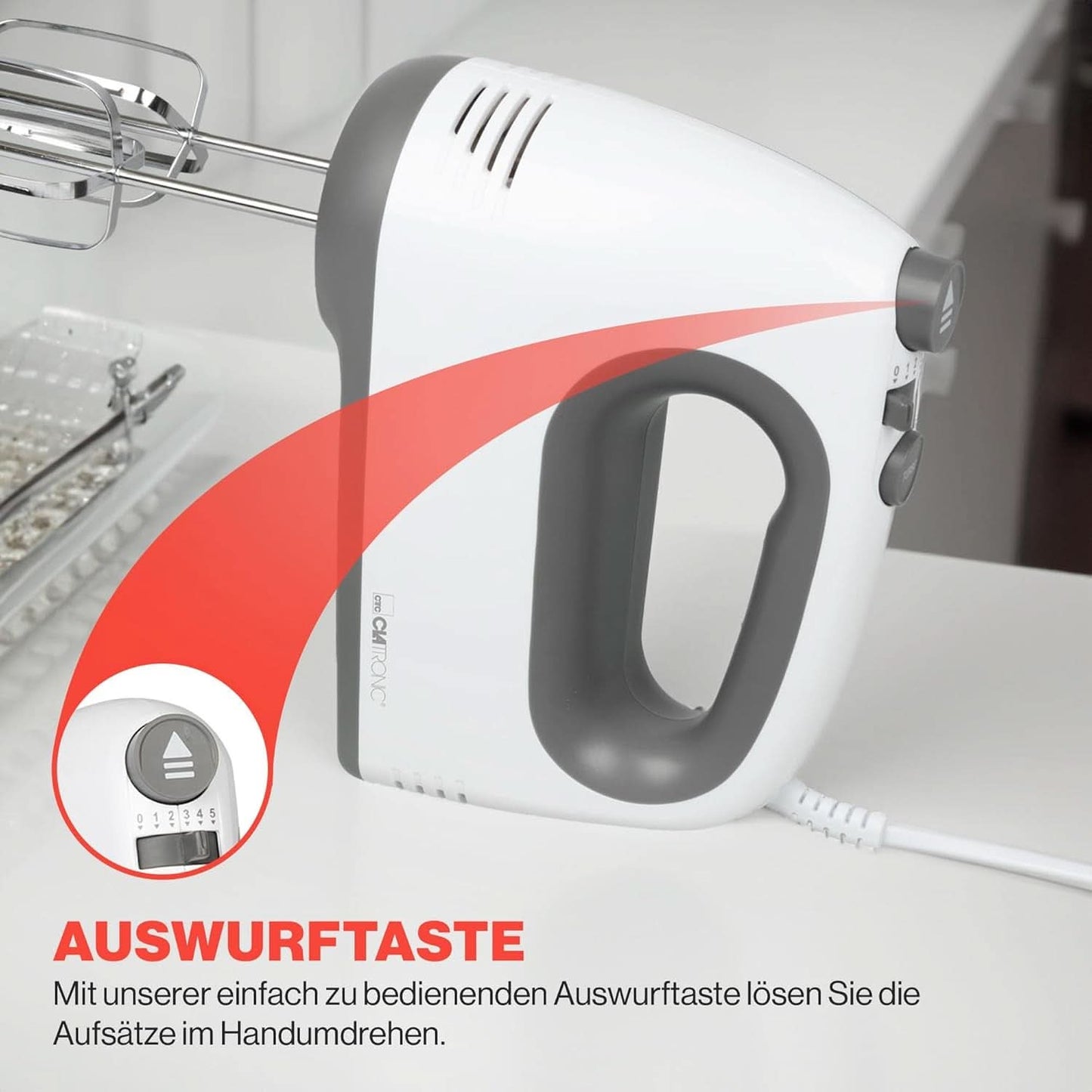 Clatronic mixer | Kraftvoller 400 Watt-motor | Håndmixer | Turbostufe & 5 Geschwindigkeitsstufen | Håndmixer | Spülmaschinengeeignete Edelstahlquirle Und -Knethaken | HM 3775 Køkken Naty Shop