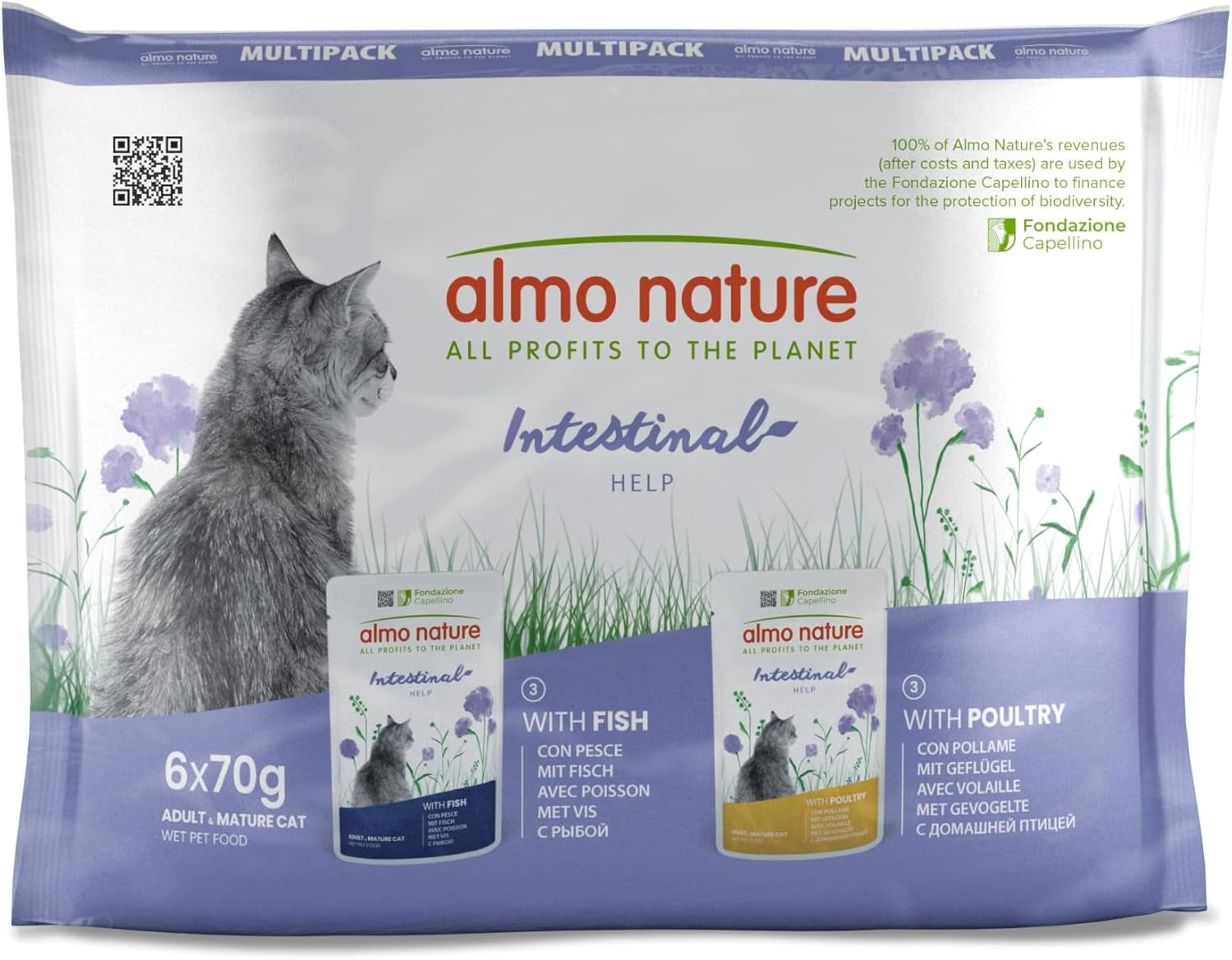 Almo Nature Functional - Tarmhjælp - Vådfoder til voksne katte med følsomme tarme - med fisk og fjerkræ - understøtter mikrobiomet - 70g (pakke med 6)
