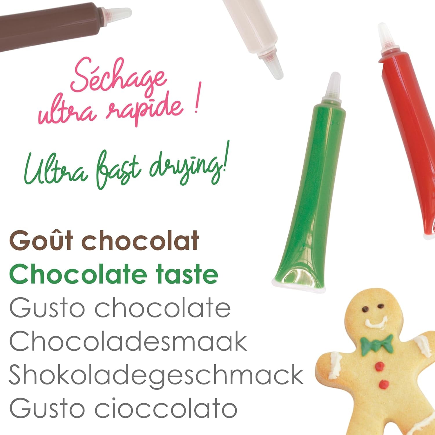 Scrapcooking - Sæt med 4 julechokoladefarvede blyanter - brun, hvid, grøn og rød - spiselig farve - madfarve til skrivning - skriv og tegn på desserter, kager og småkager - 7060