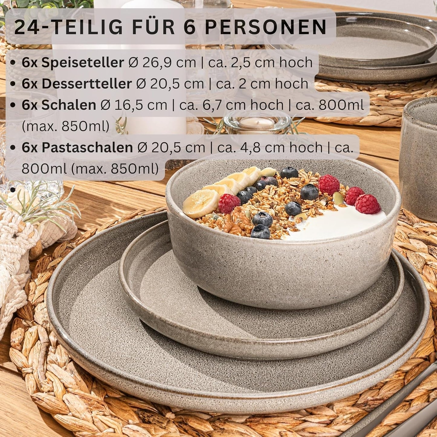 SÄNGER Cairo Clay | 24-styks porcelænssæt, stentøjsstel til 6, 6 tallerkener, 6 desserttallerkener, 6 pastaskåle, 6 serveringsskåle, gråt porcelænssæt | VÆRDIINDSAMLING