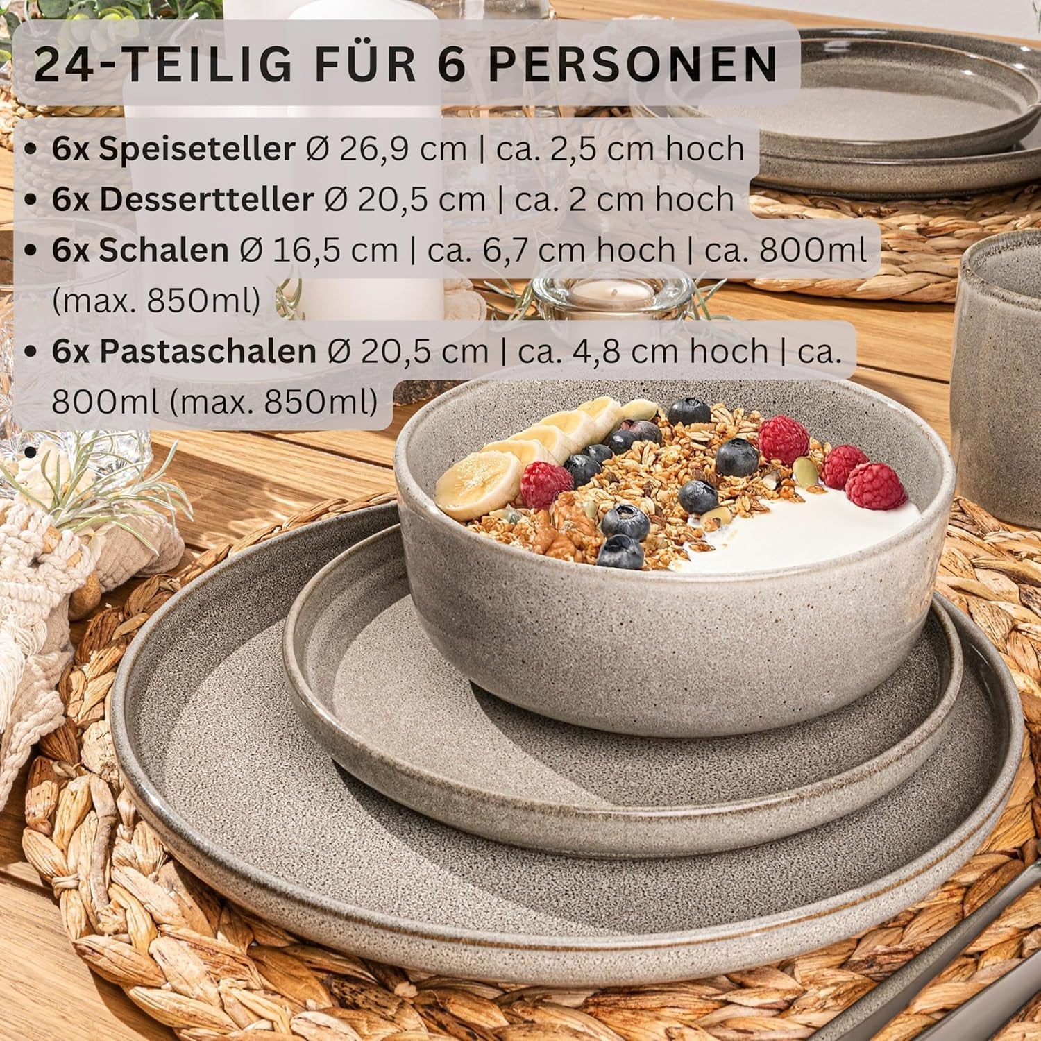 SÄNGER Cairo Clay | 24-styks porcelænssæt, stentøjsstel til 6, 6 tallerkener, 6 desserttallerkener, 6 pastaskåle, 6 serveringsskåle, gråt porcelænssæt | VÆRDIINDSAMLING
