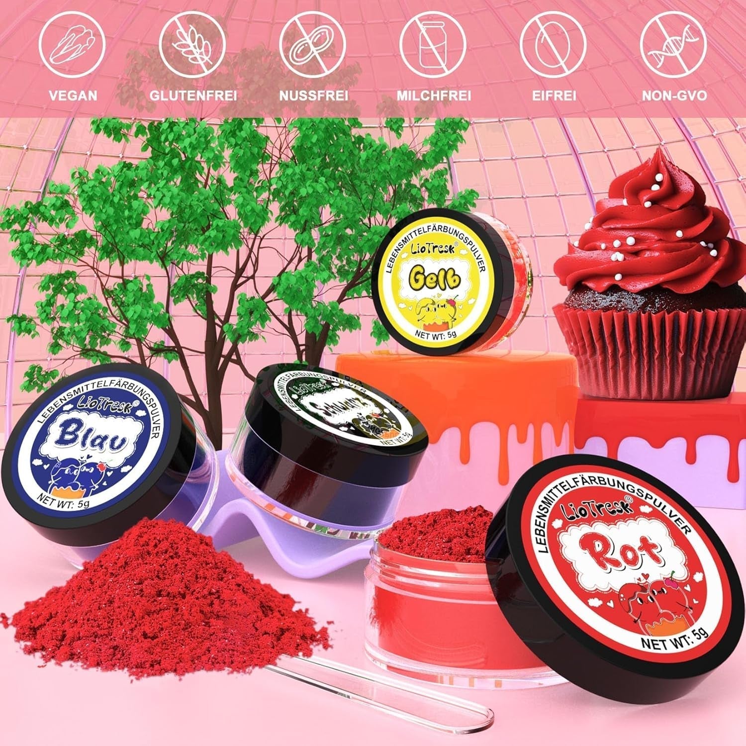 Pulverfarvesæt til madlavning - 4x5 g koncentreret madfarve til fondant, smørcreme, livlig madfarve til bagning, kagepynt, farvning af påskeæg, macarons, All Hallows' Day