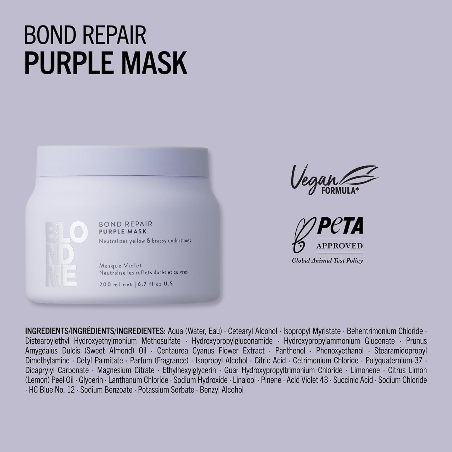 Schwarzkopf Professional BLONDME Bond Repair Purple Mask Mask til køligt hår Neutraliserer gule toner til farvet, bleget og lyst hår Dybt plejende og styrkende 200 ml Hårmaske Naty Shop
