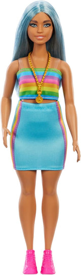 Barbie Fashionista dukke nr. 218 med langt blåt hår, regnbuetop og turkis nederdel, 65-års fødselsdag samlerobjekt dukke, HRH16 Naty Shop Dolls