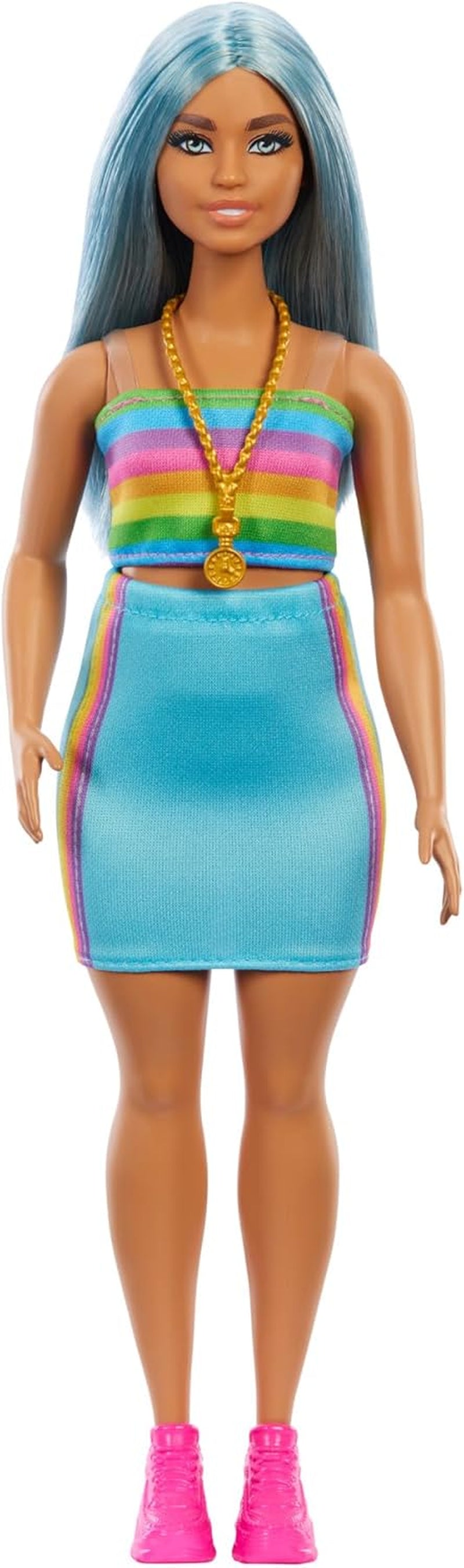Barbie Fashionista dukke nr. 218 med langt blåt hår, regnbuebluse og turkis nederdel, 65-års jubilæums samlerobjekt dukke, HRH16