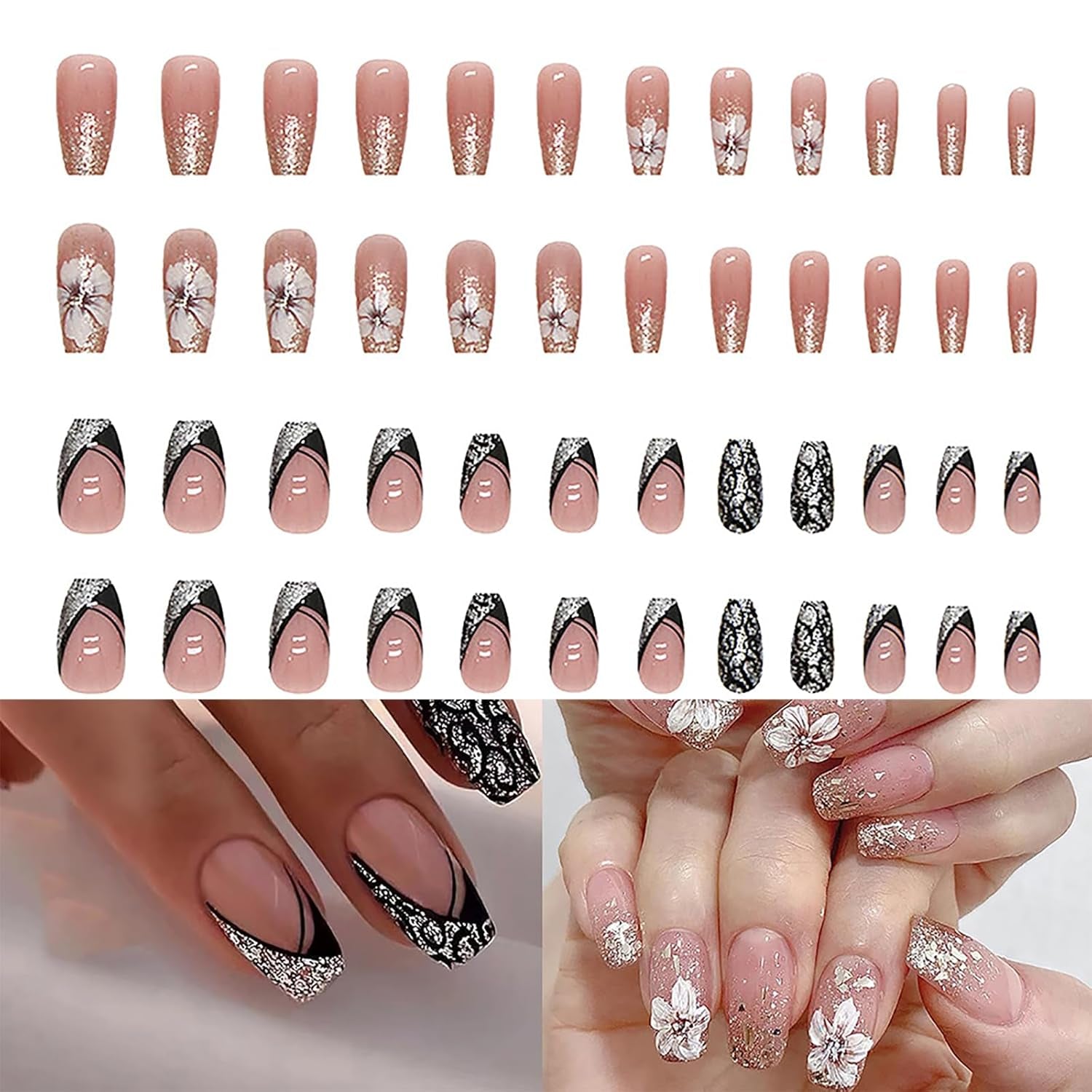 Kunstige negle Naturlig Glitter Kort Tryk På Akryl Selvklæbende Glitter Negle Til Kvinder Piger Nail Art Tilbehør 48 stk.