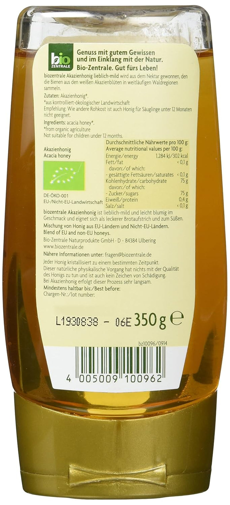 Biozentrale Økologisk akaciehonning | 350 g Økologisk honning fra hvide akacieblomster | Ideel som smørepålæg Økologisk honning til te | Alternativ til honningkagehonning (2-pak)
