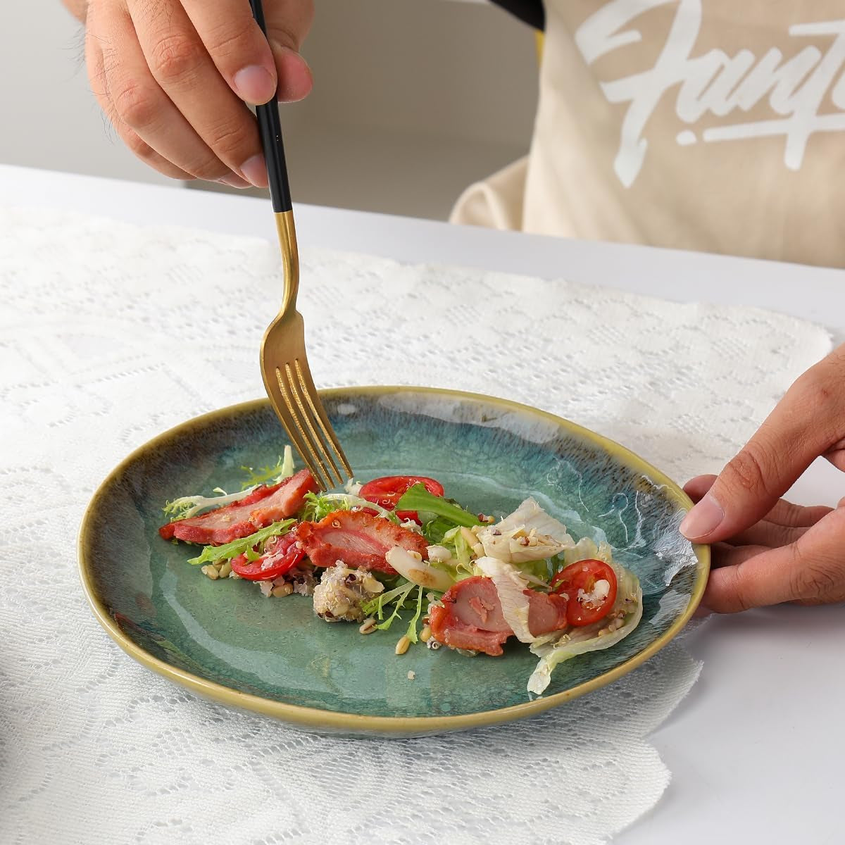 Henten Home Specialtallerkener i stentøj, snack- og sauceskåle - 20x17cm til 4 personer, morgenmadstallerkener i porcelæn - moderne grønt design