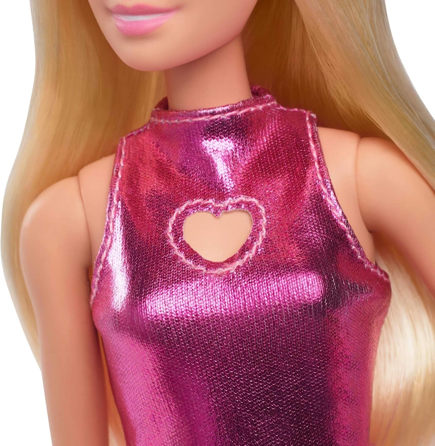 Barbie Fashionista dukke nr. 230 med blond hår, pink metallisk minikjole med hjerteudskæring, hvidt armbånd og høje hæle, HYT88