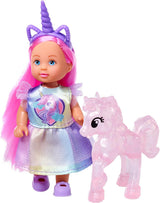 Simba Evi Love Unicorn Play Doll iført en sød enhjørningskjole med matchende pandebånd, inklusive en enhjørning med stald, æbler og en drikkedunk, 12 cm, i alderen 3+