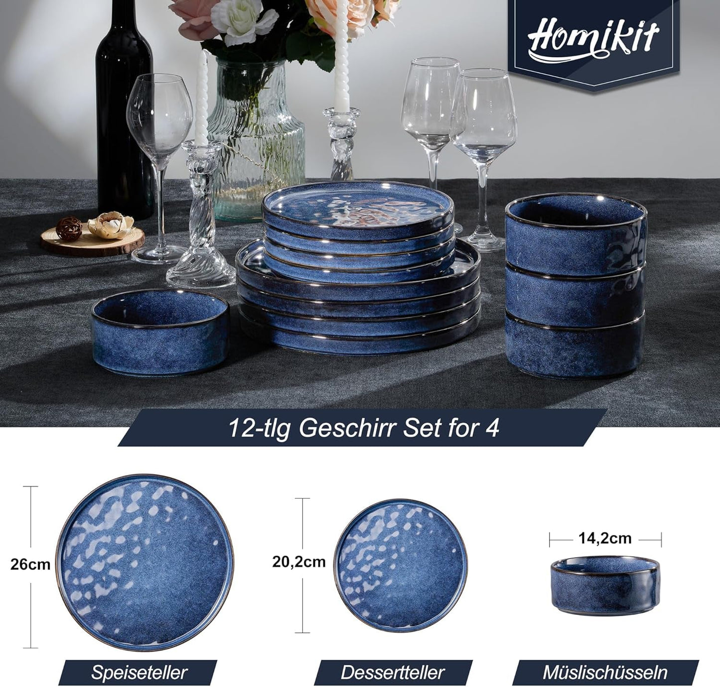 Homikit porcelænssæt, 12-delt porcelænssæt til 4, middagsservicekombination med tallerkener, desserttallerkener og kornskåle, tåler mikroovn og opvaskemaskine, elegant blå