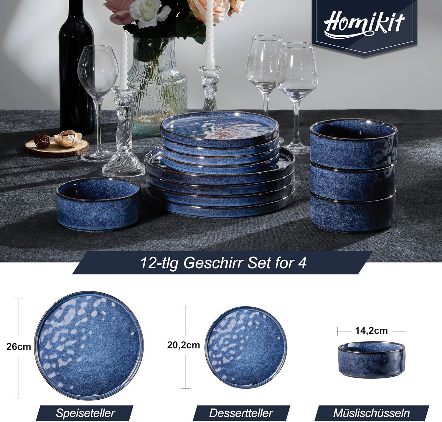 Homikit porcelænssæt, 12-delt porcelænssæt til 4, middagsservicekombination med tallerkener, desserttallerkener og kornskåle, tåler mikroovn og opvaskemaskine, elegant blå