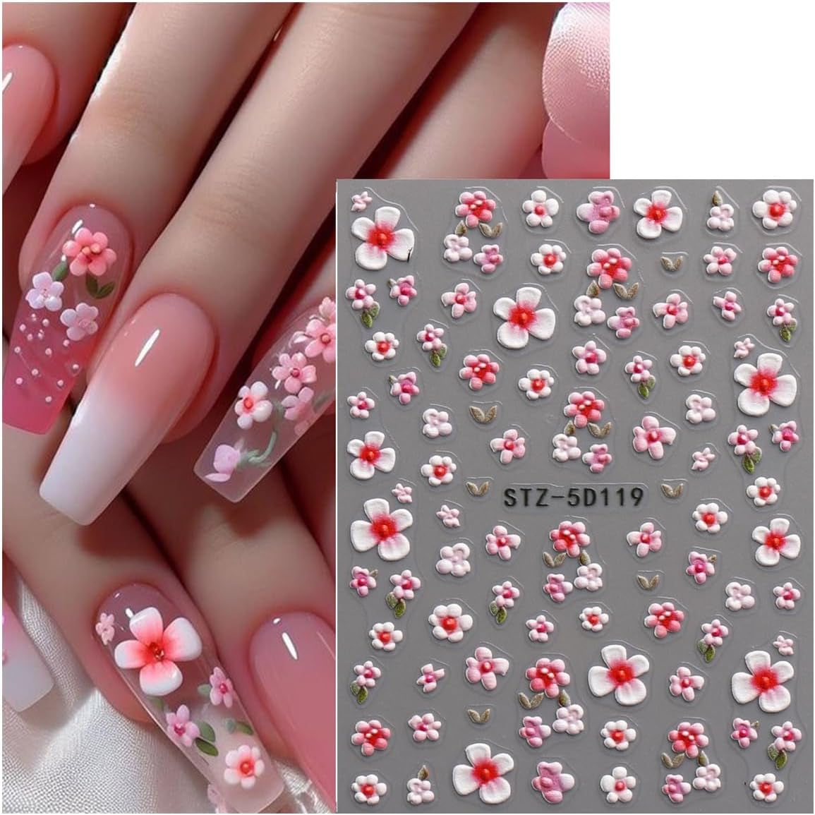 JMEOWIO 3D Nagelsticker Blume Nail Art Sticker Selbstklebend Nagelaufkleber 5D Stereoskopisk Frühling Sommer Floral Dekoration Nageldesign Zubehör 4 Blatt