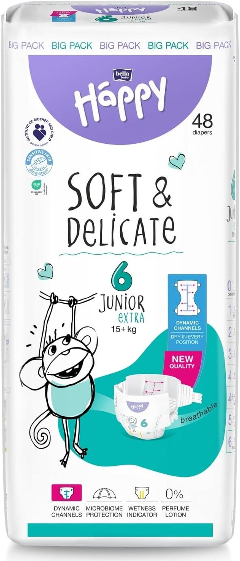 Bella Baby Happy Premium bleer, str. 6, Junior Extra, 15+ kg, 96 styk, DERMATEST og OEKO-TEX Seal, engangs babybleer