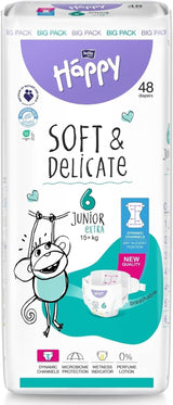 Bella Baby Happy Premium bleer, str. 6, Junior Extra, 15+ kg, 96 styk, DERMATEST og OEKO-TEX Seal, engangs babybleer