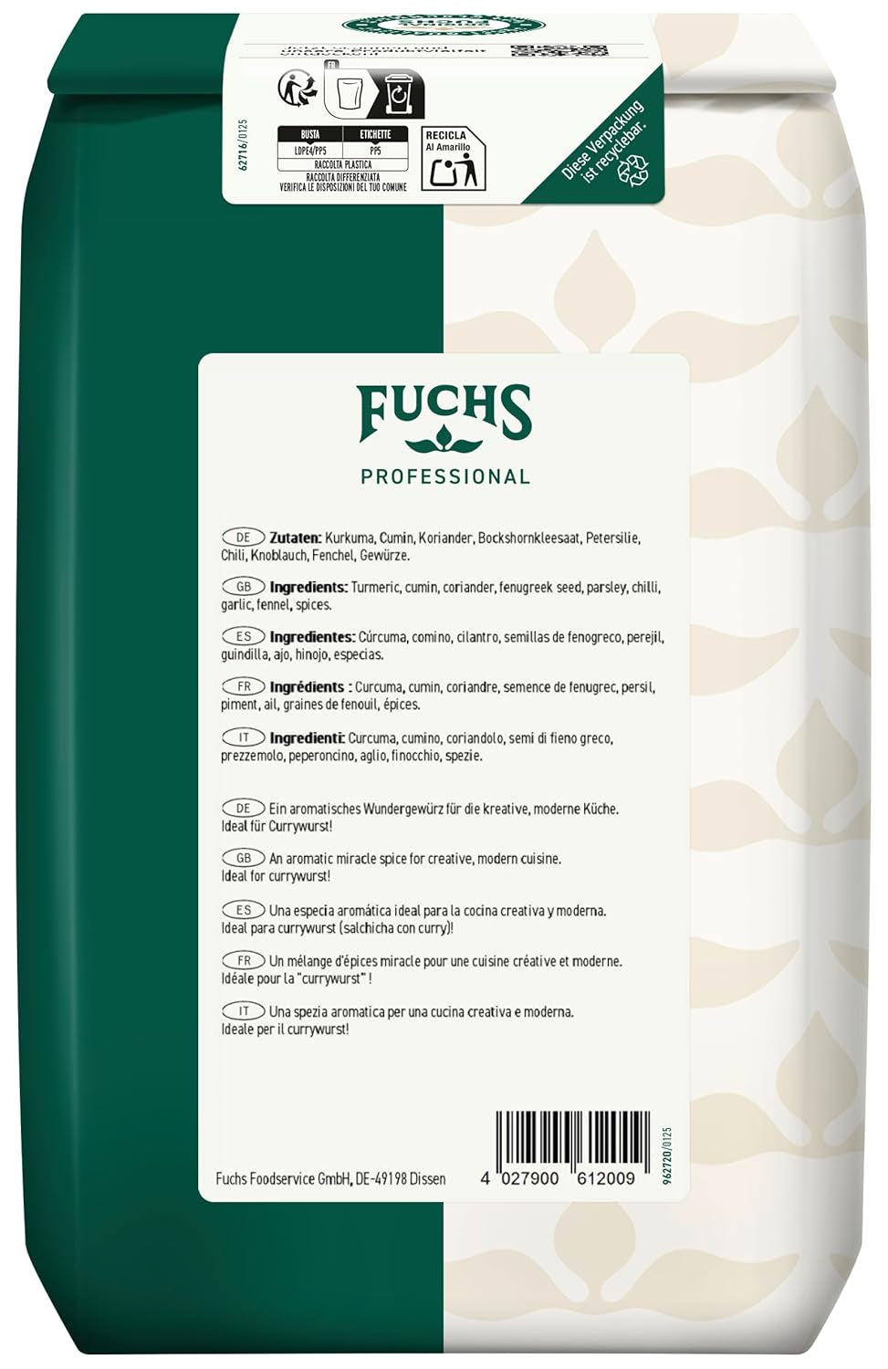 Fuchs Professional - Curry engelsk stil "Goldelephant" | Zum Würzen von Suppen, Saucen og Reisgerichten | Profi-Qualität für Großverbraucher und Gastronomie | 1 kg im genbrugspose